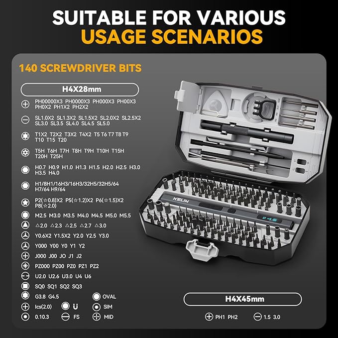 KELIN 156 in 1 Electric Screwdriver, Precision Power Screwdriver Set, 5 Torque Levels＆140 S2 Steel Magnetic Bits, Gifts for Men, Magnetic Repair Tool Kit for iPhone, PC, Laptop, PS4 PS5, Xbox, Watch