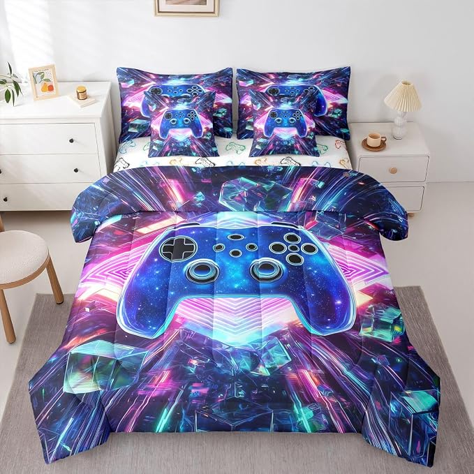 Erosebridal Galaxy Gaming 7 Piece Comforter Set Full Bed in a Bag | 3D Cube Gamer Bedding Sets Diamond Neon Lights Comforter and Sheet Set, Modern Game Consoles Bed Sets