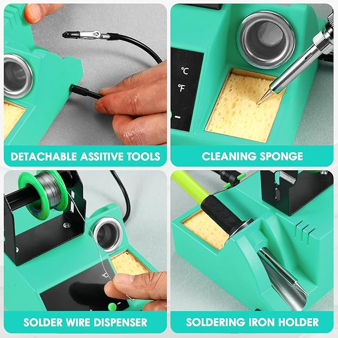 Soldering Station, 100W Digital Display Soldering Iron Station Kit with 2 Helping Hands, 356°F - 896°F, Auto Sleep, °C/°F Conversion, Solder Wire, Tips, Stand, Pump, Tweezers, Tip Cleaner, Cyan