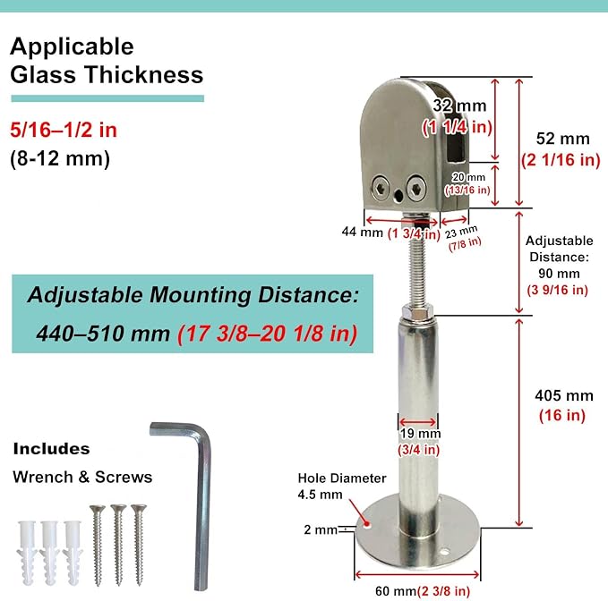 Fixed & Adjustable Glass Support Bar, Ceiling to Glass Screen Brace Arm