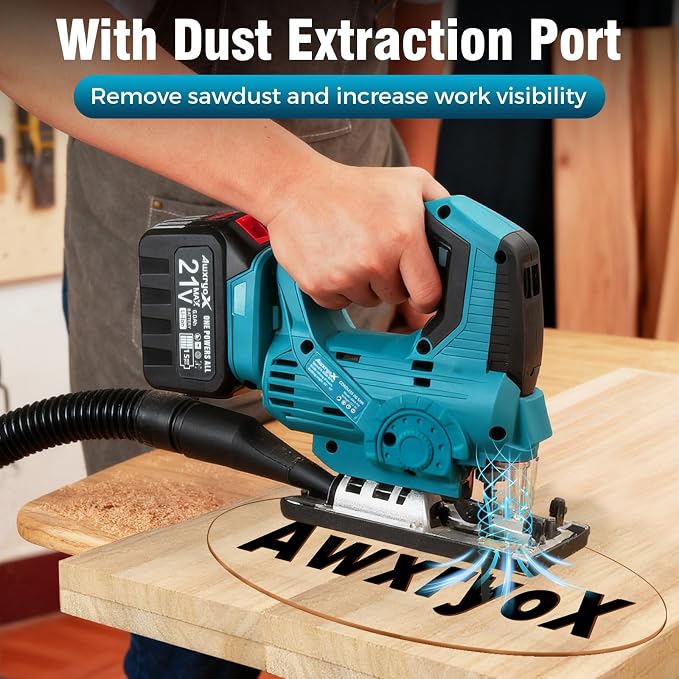 AwxryoX Cordless Jigsaw, 21V Power Electric Jig Saw with 2×6.0Ah Battery,4 Orbital Settings Jigsaw Saw Tool with 12 Blades ±45° Bevel Cuts,3000 RPM,Caladora Eléctrica for Straight/Curve/Circle Cutting