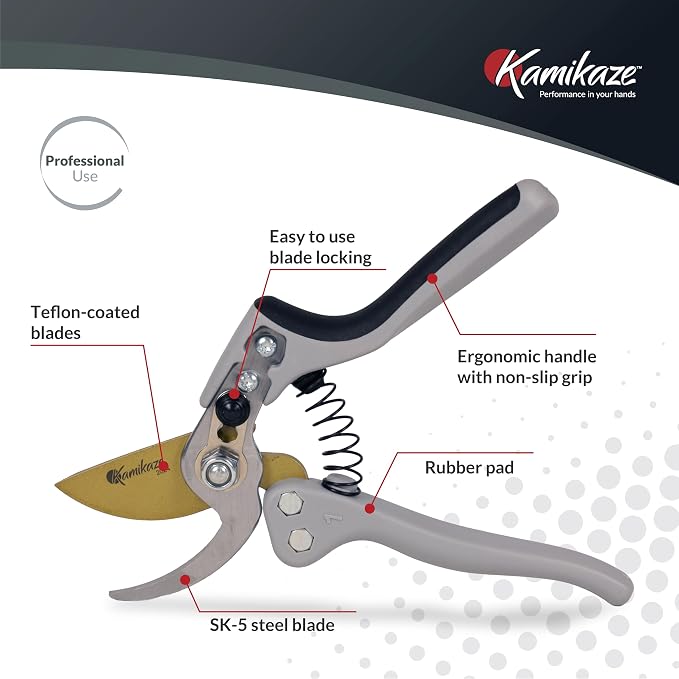 KAMIKAZE Heavy-Duty Professional Pruning Shears for Gardening, Ergonomic Comfort Handle, SK5 High-Carbon Steel Bypass Blade, Cuts Branches Up to 1 Inch, Garden Clippers for Tree and Shrub Trimming