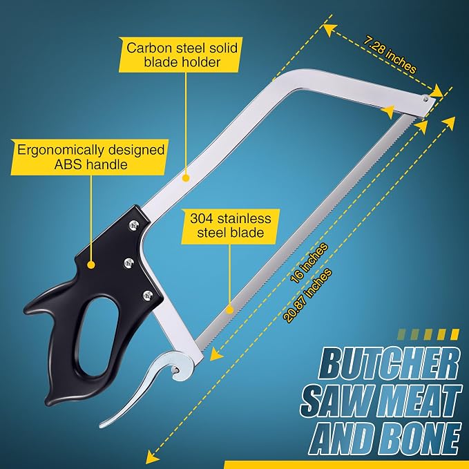 16 Inch Butcher Saw Meat and Bone, Professional Meat Processing Saw with Stainless Steel Blade, Quick Release Black Tightening Cam Comfort Handle, for Household, Processed Livestock and Game