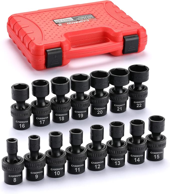 CASOMAN 15 PCS 3/8" Drive Standard Universal Impact Socket Set, 6-Point, Metric, 8mm - 22mm