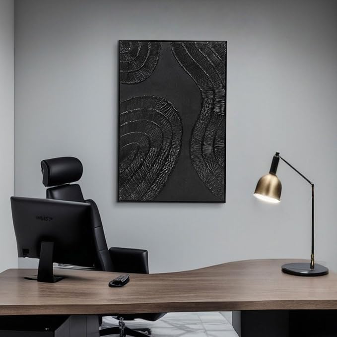 Textured 3D Abstract Hand-Painted Wall Art Large Black Thick Texture Minimalist Wall Art - 3D Contemporary Dimensional Home Office Living Room Modern Wall Decor Framed - 24"x36"