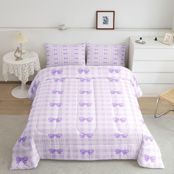 Feelyou Purple Bow Checkered Kids Comforter Set Queen Size Chic Grid Bowknot Bedding Set Girly Duvet Quilt for Kids Boys Girls Bedroom Decor Microfiber Ultra Soft Breathable