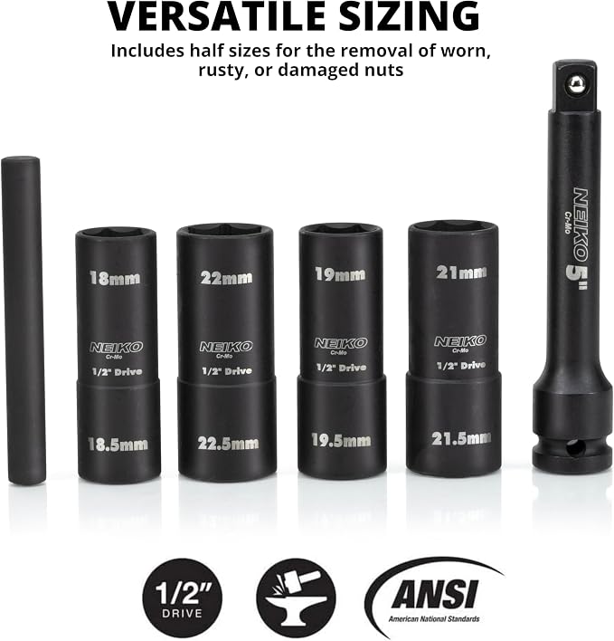 NEIKO 02290B Lug Nut Socket Set, 1/2” Impact Thin Wall Flip Socket Set, Half Size Wheel Socket Set, Metric 6 Point, 5" Extension Bar & Knockout Bar, 18.5mm, 19.5mm, 21.5mm, and 22.5mm
