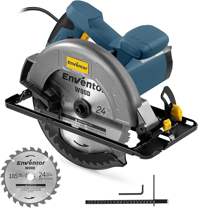 Enventor Circular Saw Corded, 11A Electric Circular Saws 7-1/4-Inch with 24T Blade Saw, Max Cutting Depth 2-7/16"(90°), 1-8/9"(0°-45°), Single Handed Bevel, 6,000RPM
