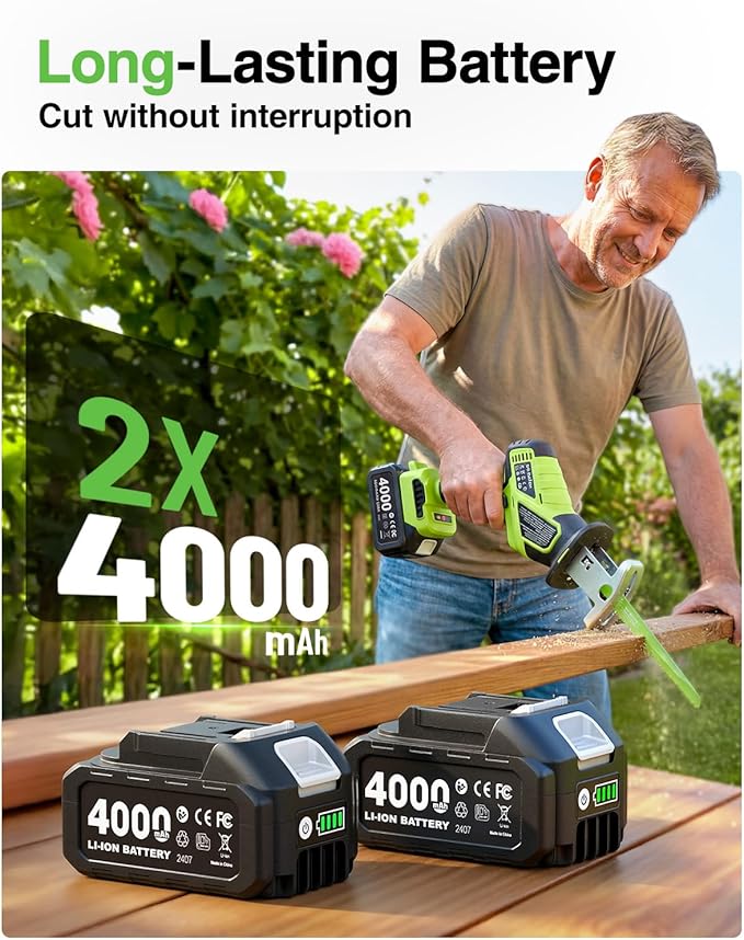 TaskStar Cordless Reciprocating Saw 21V: One-Handed Reciprocating Saw with 0-3500 RPM Brushless Motor, 2 x 4.0Ah Batteries, 8 Quick-Change Blades, LED Light, Perfect for Wood PVC Metal Cutting