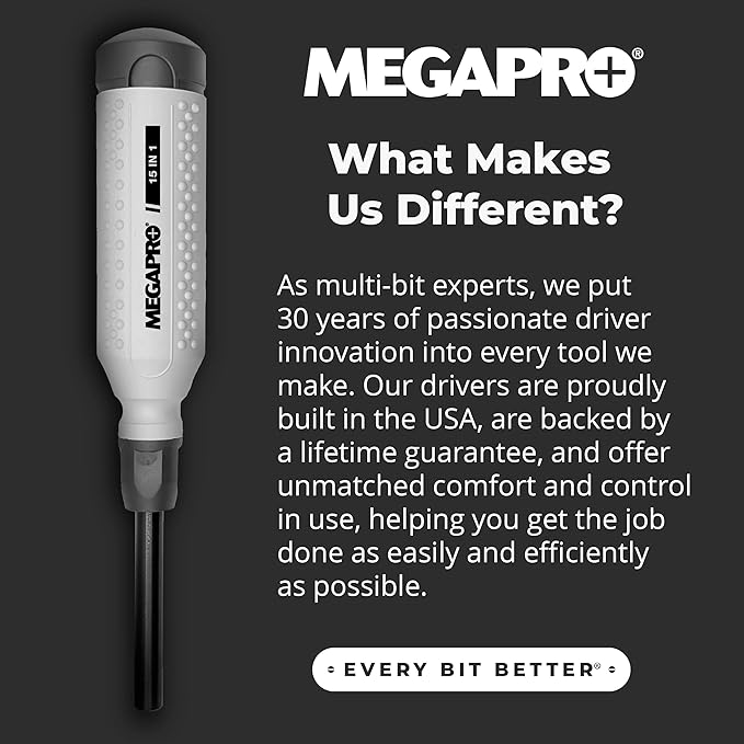 MEGAPRO® 15-in-1 Original Multi-bit Screwdriver | Home DIY & Repair | Construction | Tradeswork | 14 Industrial-grade bit tips | 1/4" Hex Drive in shaft (Original NAS Light Grey/Charcoal)
