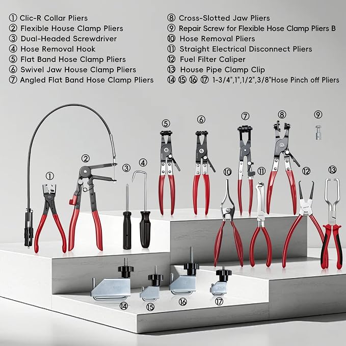 WISEUP 17pcs Hose Clamp Pliers Set, Hose Clamp Removal Tool