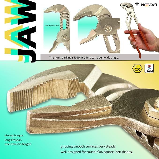 WEDO Water Pump Pliers, Slip Joint Pliers, Tongue and Groove Pliers, Length 12 inch, length 300mm, Max jaw opening 52mm, Aluminum Bronze, Non-Sparking, DIN Standard, BAM & FM Certificate