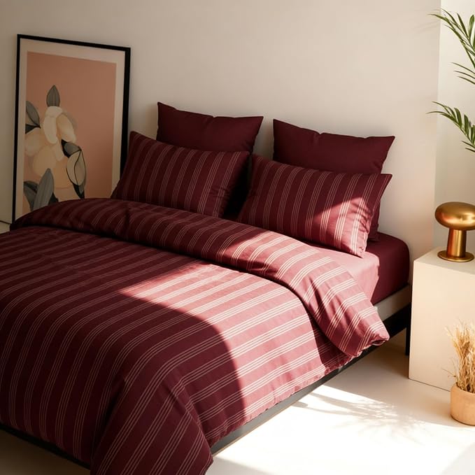 Sedefen Striped Duvet Cover Set Queen Size Red Vintage Striped Patterned Bedding Set Soft Breathable Microfiber Bedding Set with 2 Pillowcases