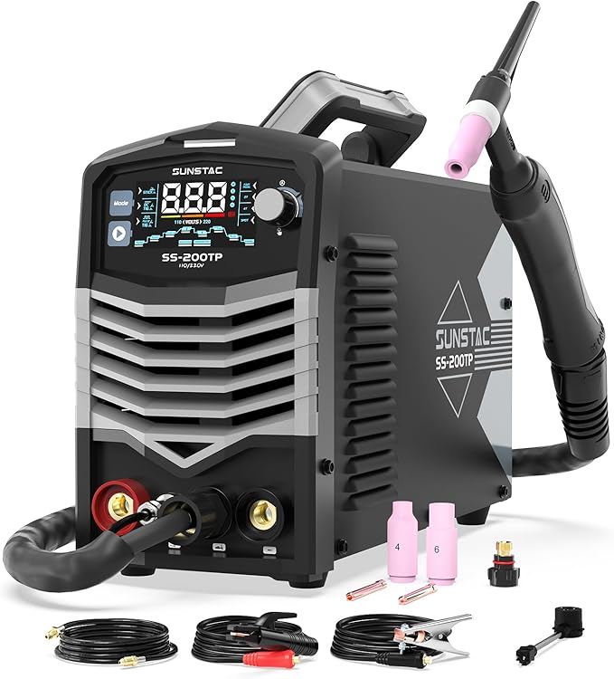 Sunstac 200A TIG Welder with Pulse, 110V/220V Dual Voltage, 3 in 1 DC TIG/Pulse TIG/SPOT TIG/Stick Welding Machine, Digital Screen Display, Over Loading Protection