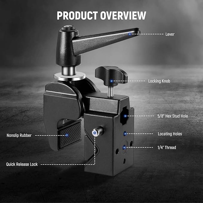NEEWER Super Clamp with 5/8" Stud, Spring Lock, 2.4"/6cm Jaw Grip Heavy Duty Crab Pole Clamp for Round Pipe Flat Surface, for Photography Studio Camera & Lighting Mounting, Max Load 33lb/15kg, UA017