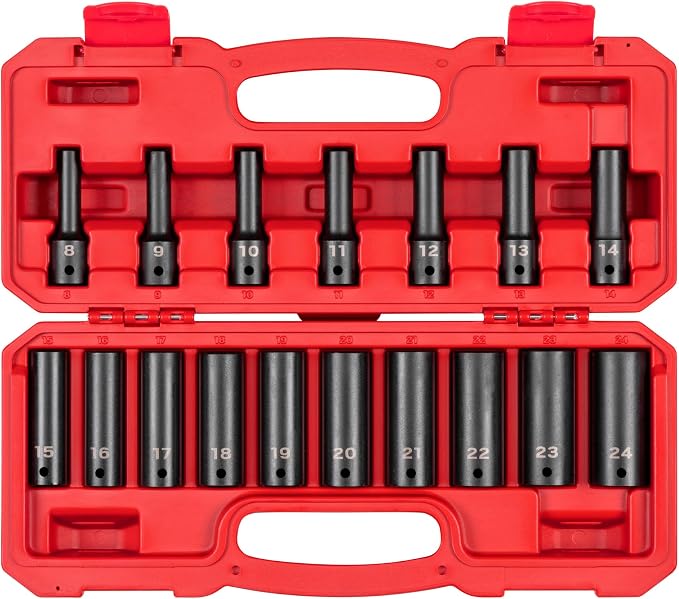 TEKTON 1/2 Inch Drive Impact Socket Set, 17-Piece | SID92339 | (8 - 24 mm), Deep, 12-Point, Case