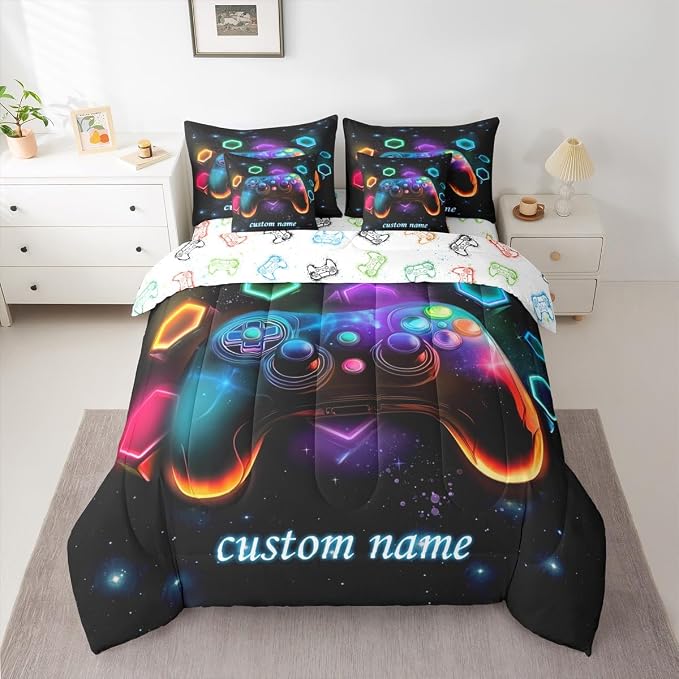Custom Name Game Consoles Boys Full Size Bedding Set Bed in a Bag 7 Piece Gamer Gifts,Personalized Gaming Comforter Sets Space Glow Geometric Kids Comforter Sets Boys Red Green Blue Teal,Gamer Decor