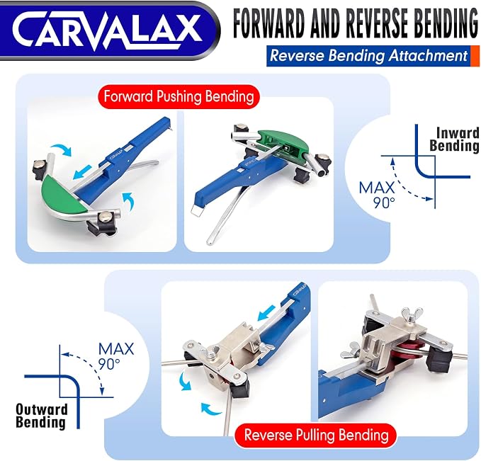 CARVALAX 90° Ratcheting Tube Bender Kit - 7 Color-Coded Aluminum Heads for 1/4" to 7/8" Pipes, Reverse-Bend Adapters & Portable Toolbox, Tube Cutter & Deburring for HVAC/Heating Repair (Blue）