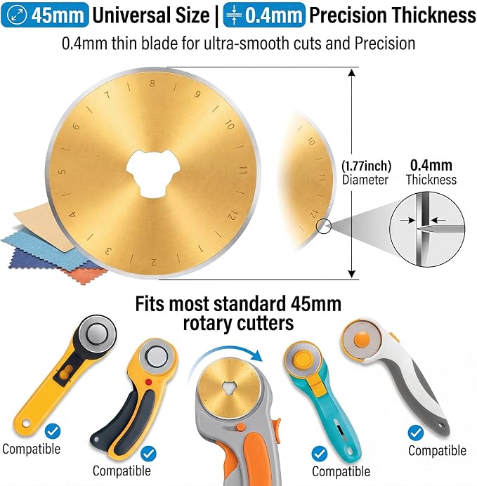 ElaraBerry Titanium Coated 100 Pack 45mm Rotary Cutter Blades Replacement Patchwork Tool for Fabric Paper Craft Quilting Scrapbooking Sewing