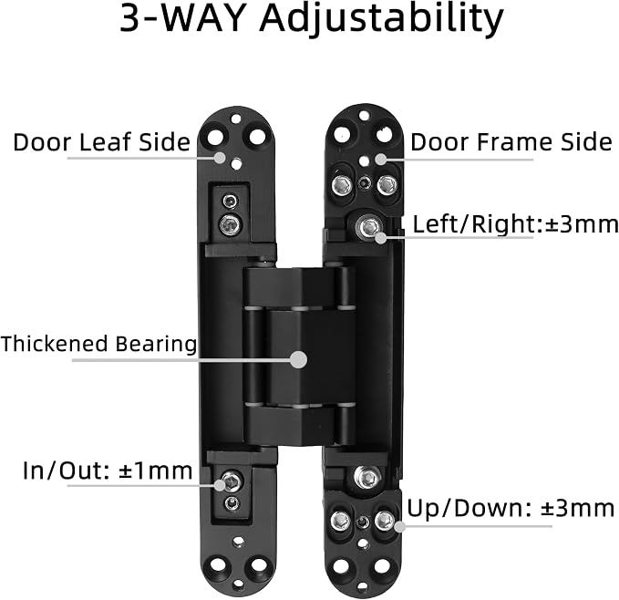 2-Pack 7 inch Black Hidden Door Hinges Heavy Duty, Zinc Alloy Invisible Hinges, Concealed 180 Degree Swing Hinge, 3 Way Adjustable Butt Hinge