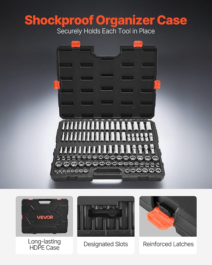 VEVOR Socket Set, 104 Pieces, 3/8 inch Drive Socket Tool Set, Metric Size from 6 to 24 mm, Deep and Standard, Mechanic Tool Kit with Storage Case, Chrome Plated CR-V Alloy Steel, for Automotive Repair | CR-V, Deep and Standard, Mechanic Tool Set for Au...