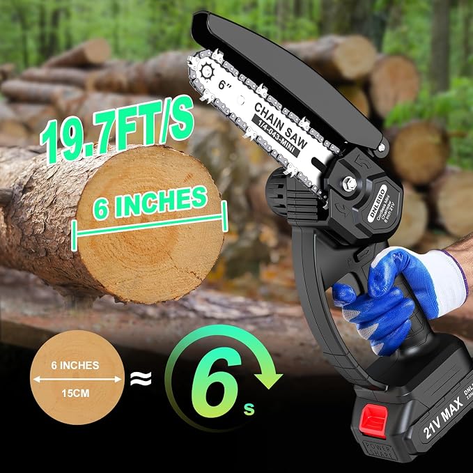 Mini Chainsaw - 6 Inch Battery Chainsaw with 2 Batteries, Garden Tools for Tree Branch Trimming, Wood Cutting, Holiday Gifts for Men, Fathers & Gardening Enthusiasts