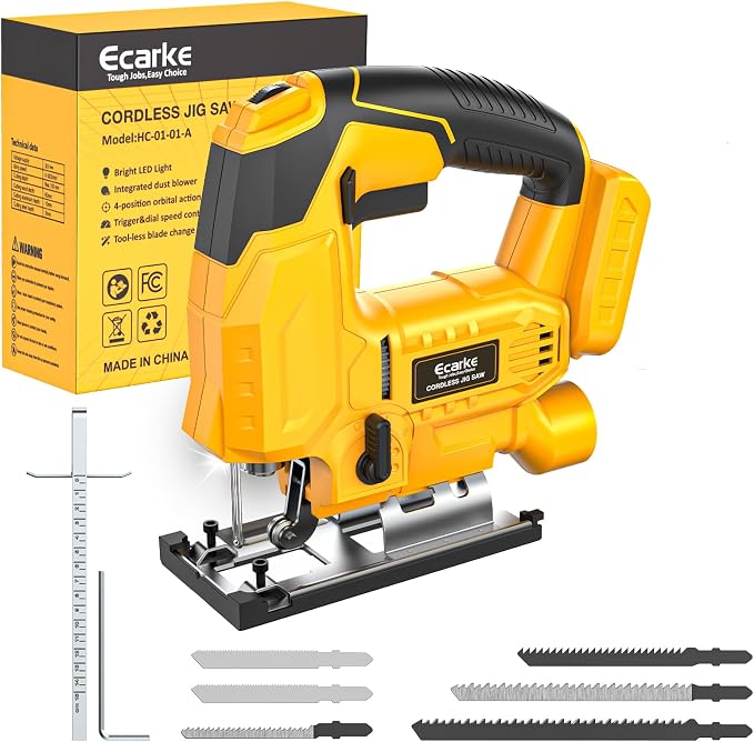 Ecarke Cordless Jig Saw Compatible With Dewalt 20V Battery, 4 Orbital Sets, 6 Variable Speeds Control, Dust-Blowing, ±45° Bevel Cuts, LED Light and 6PCS Blades for Straight Curve Cutting, Tool Only