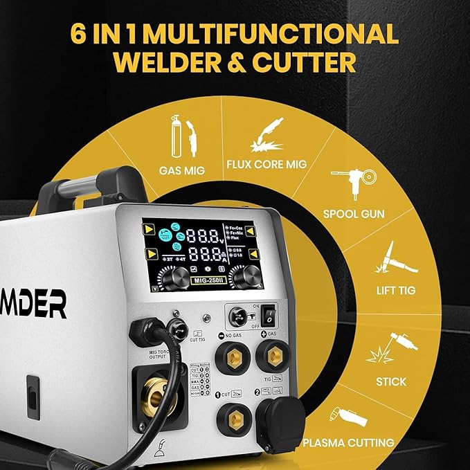 SSimder 6-in-1 MIG Welder & Plasma Cutter with Spool Gun 160A Gas MIG/Flux Core/Lift TIG/Stick/Cut Combo 110V 220V 35A Air Cutting for Auto Repair DIY & Small Workshop