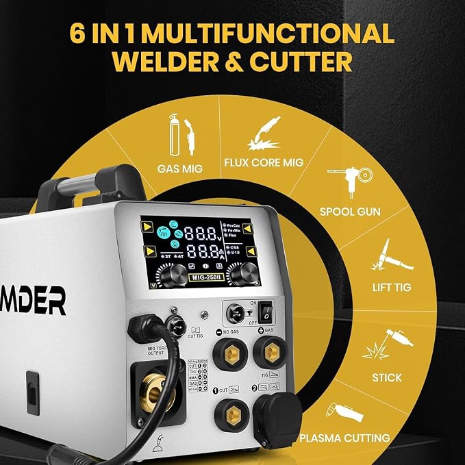 SSIMDER 6 In1 MIG Welder Plasma Cutter Welder Combo, With 71Pcs PT31 LG40 Consumables, 160A 110v/220v Gas MIG/Flux Core MIG/Spool Gun/Lift TIG/Stick/Plasma Cutting Multi-Process MIG Welder Machine