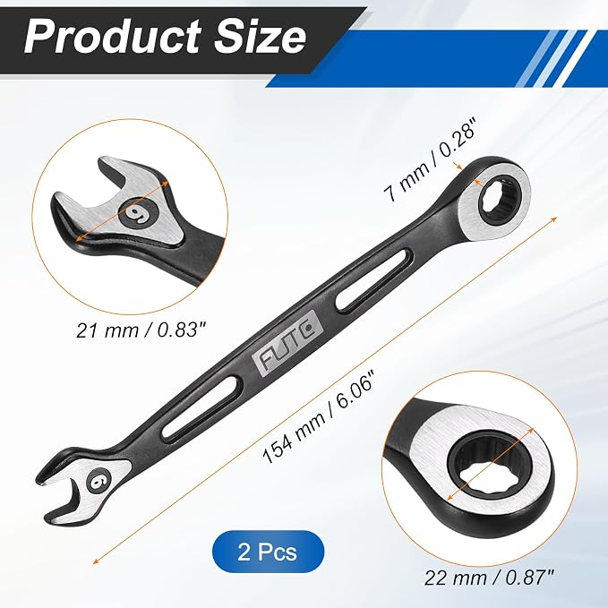 HARFINGTON 2Pcs Ratcheting Combination Wrench 9mm Stubby Wrench Metric High Carbon Steel Double 12-Point Box Open-Ended Ratchet Spanner Tool for Household Garage Workshop Auto Repairs, Black