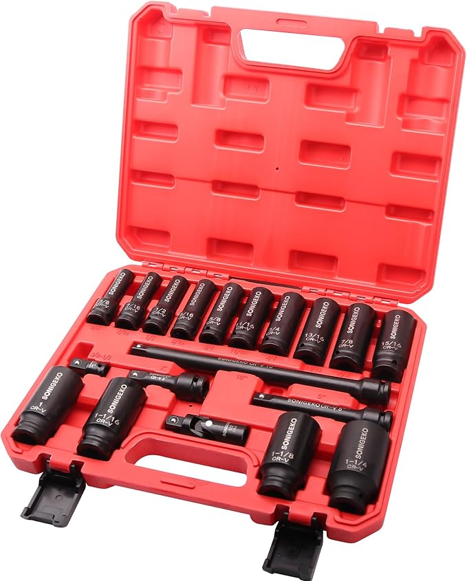 19-Piece 1/2" Drive Impact Socket Set | Deep, SAE CR-V Steel Sockets with Extension Bars, Universal Joint and Adapter