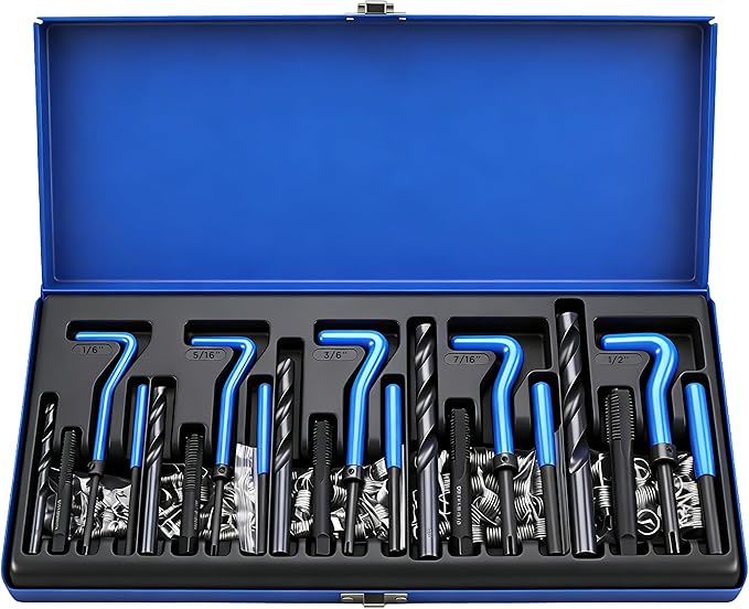 SEDY SAE Thread Repair Helicoil Kit - 131PC with HSS Drill Bits, Inserts, Taps, and Breakoff Tools for Rethreading on Metal, Engine, Pipe Repair - Sizes 1/4" 5/16" 3/8" 7/16" 1/2"