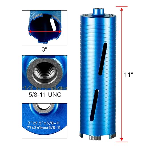 SALI Diamond Core Drill Bits 3" Diameter 10"/254mm Drilling Depth 5/8-11" Thread Core Bit Turbo Laser-Welded Segments for Cured Concrete with Brick, Block, Masonry, with Two Adapters