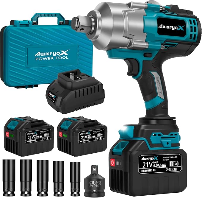 AwxryoX 21V Cordless Impact Wrench,1623Ft-lbs(2200N.m) High Torque Brushless Impact Gun with 2×6.0Ah Battery,3/4" 4 Speed Electric Pistola De Impacto with 1/2 Adapter for Truck/Mower/Car/Industrial