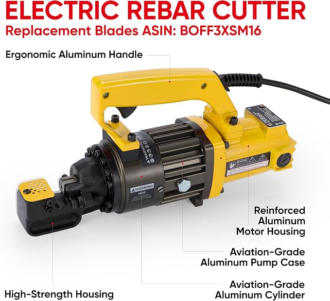 Electric Hydraulic Rebar Cutter, 1000W 120V Corded, Portable Steel Bar Cutter, 5/8" (#5) 4-16mm Capacity,Cutting Speed 1s, Lightweight 16.5 lbs, Model PC-16 (Yellow-16)