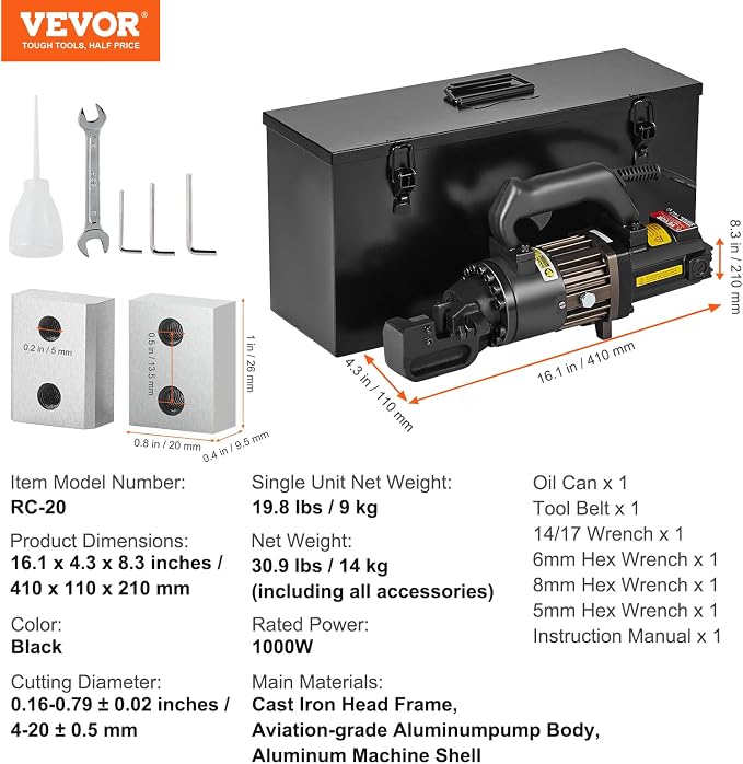 VEVOR Electric Hydraulic Rebar Cutter, 1000W Portable Rebar Cutter, Cutting up to 3/4 Inch #6 4-20mm Rebar within 2.5 Seconds, High Power Steel Rebar Cutter with Oil Can Rich Accessories,Black RC-20