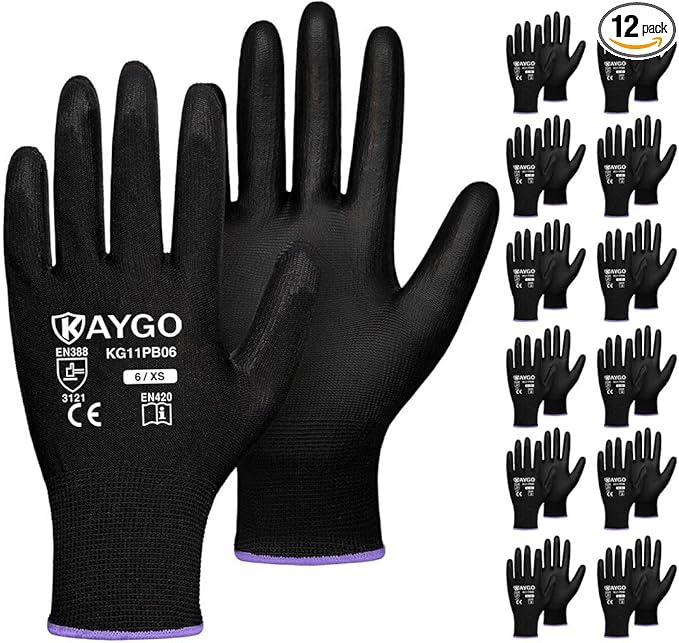 KAYGO Work Gloves for Men and Women,12 Pairs Seamless Knit PU Coated Safety Gloves, with Smooth Grip on Palm and Fingers, Ideal for Light Warehouse, Manufacturing, Gardening, KG11P (XS, Black)