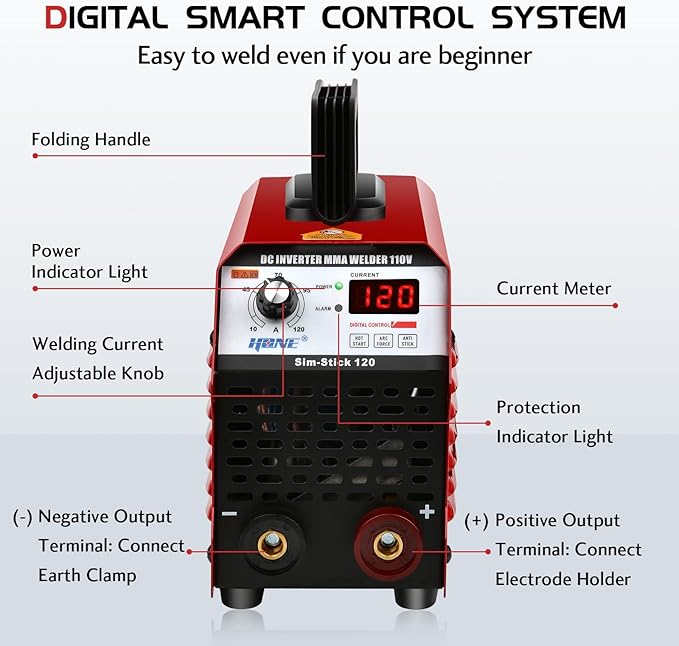 HONE Stick Welder 110V, Actual 120Amp Smart Hot Start Arc Force Anti-Stick Mini Portable Welding Machine, Digital IGBT Inverter LCD Display ARC Welder, High Efficiency for Welding Rod 1/16-1/8-Inch