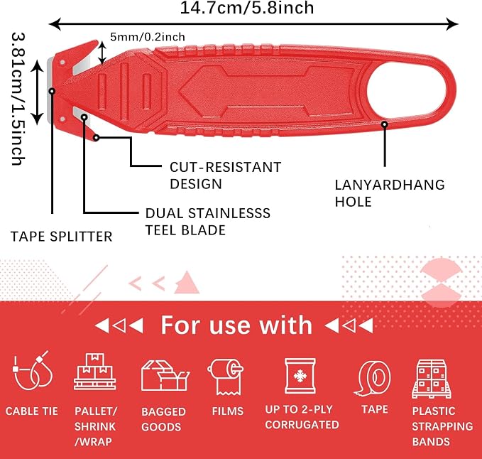 Therwen Safety Box Cutter Knife of Stainless Steel Concealed Blade Package Opener with Tape Splitter for Carton Cardboard Wrap Letter Work Bag Straps Film Utility Tool(Red,10 Pcs)