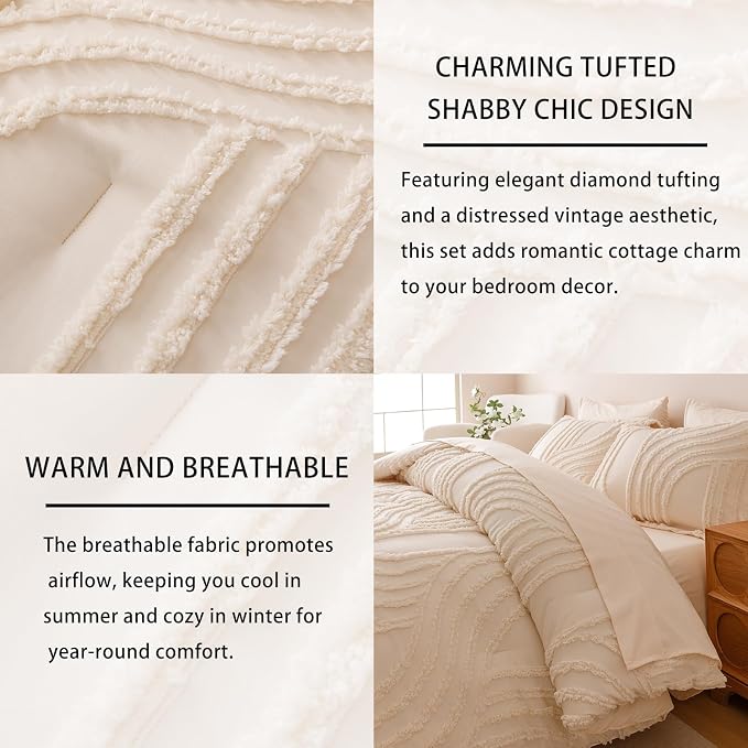 Nttopship Beige Queen Comforter Set - 7 Pieces Bed in a Bag, Premium Comforters Queen Size Bed Set Tufted Shabby Chic Bedding Comforter Set with Flat Sheet, Fitted Sheet and Pillowcases,Beige