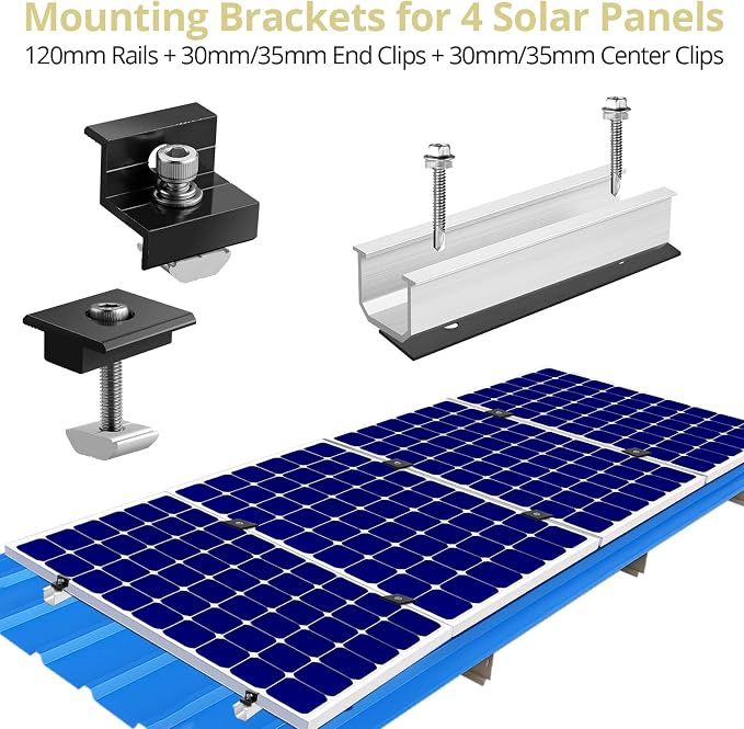 Anbte Solar Panel Mounting Kit for 4 Panels, 4.72 in Rails, Black & Silver | Included 10 x 4.72" Rails + 4 end Clamps + 6 Center Clamps + 1 Wrench, , Aluminum Solar Brackets for Roof, RV, Boat