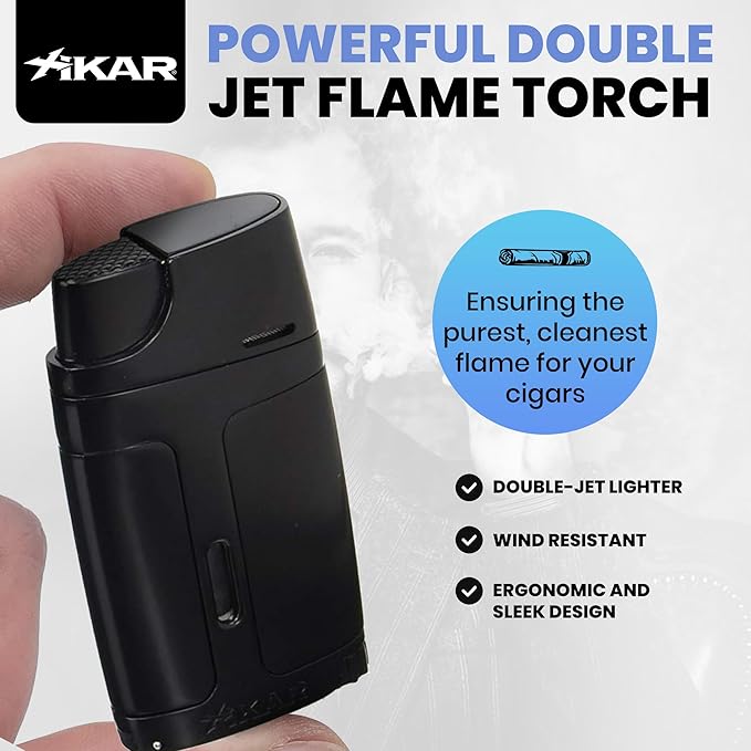 XIKAR ELX Double Jet Flame Butane Torch Lighter with 9mm Cigar Punch – Refillable Butane Lighter with Fuel Window – Wind-Resistant Adjustable Flame – Premium Cigar Accessory – Black
