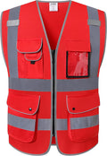 JKSafety 9 Pockets High Visibility Zipper Front Safety Vest With Reflective Strips,Meets ANSI/ISEA Standard (XX-Large, 150-Red)