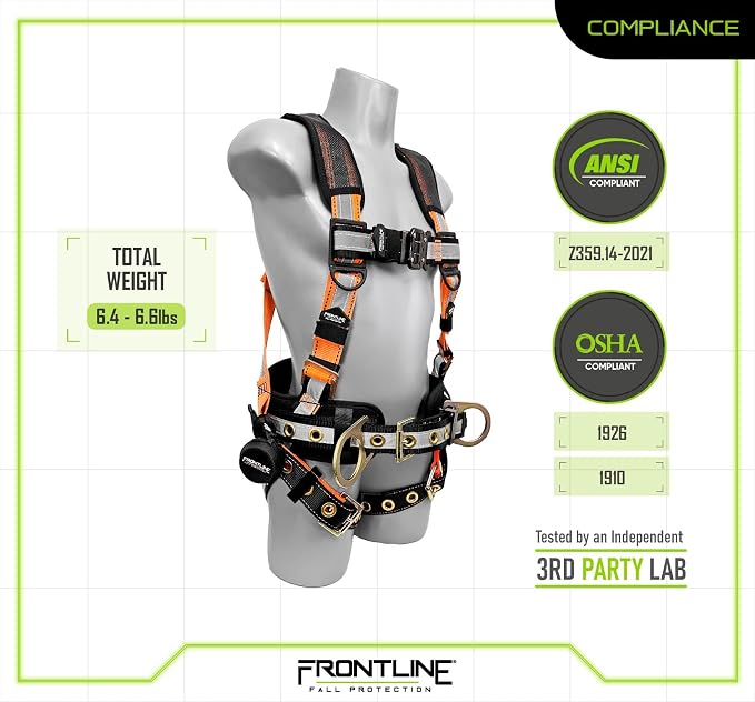 FRONTLINE FALL PROTECTION Harnesses + D-Ring+ Multiple Styles + OSHA and ANSI compliant