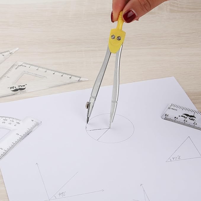 Mr. Pen- Geometry Set, 13 pcs, 3 Metal Compasses, Protractor, 6" Ruler, 45° & 30°/60° Set Squares, Pencils, Lead Refills, Sharpener & Eraser for Math, Drafting & Classroom Use