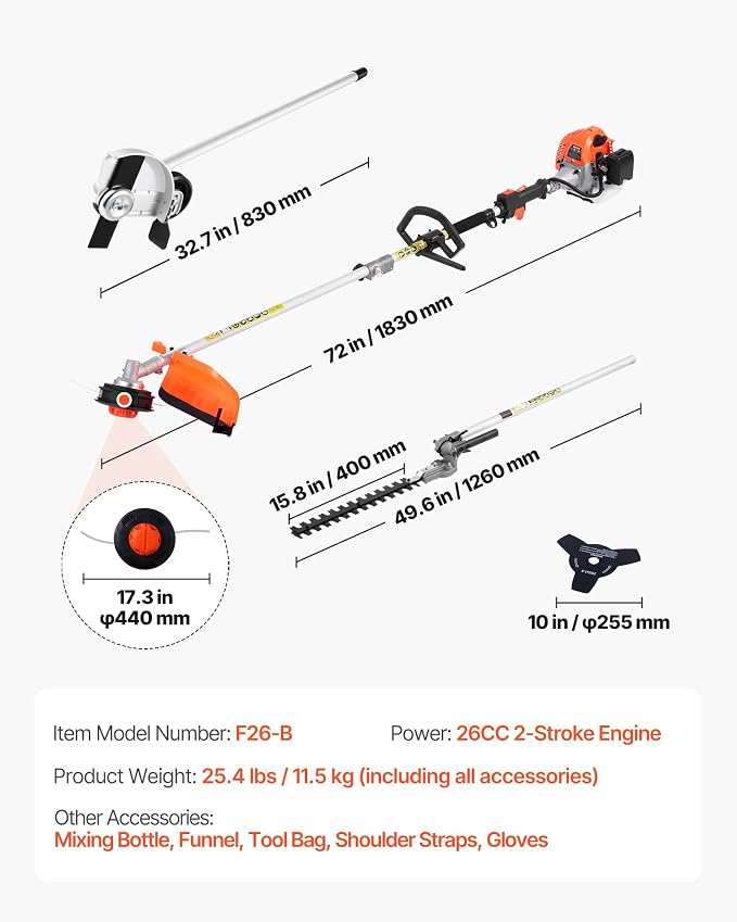 VEVOR Gas Hedge Trimmer, 2 Cycle Gas Power Handheld Hedge Trimmer, 4-in-1 26cc Weed Eater with Protective Gear Set, Includes Hedge and String Trimmer, Edger, Brush Cutter, for Trimming Shrubs & Bushes