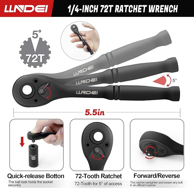 1/4" Drive Socket Set Nut Driver Set with Ratchet, 44Pcs Wrench Tool Set | 1/4-Inch Sockets Deep&Shallow Metric(4-15mm), 1/4" Hex Shank 6" Long Nut Drivers(6-14mm) for Impact Drill Bits(PH1 PH2)