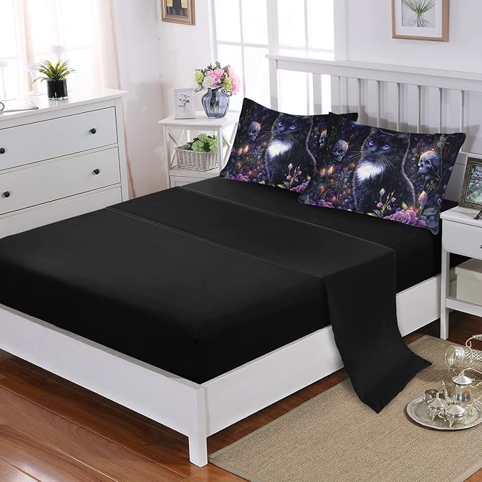 Cute Cat Comforter Set for Kids Toddlers Teens Adults,Floral Plant Skull Printed Full Size Bedding Set 7 Pieces,Animal Themed Bedding with Comforter,Fitted Sheet,Flat Sheet,Pillowcases.