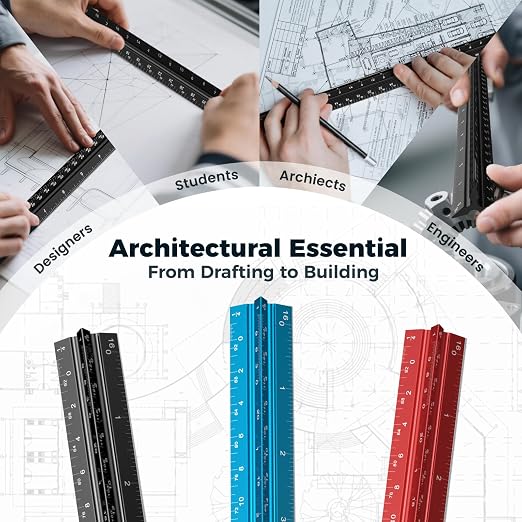 Rena Chris 2PCS Architectural Scale Ruler: 12" Imperial Aluminum Alloy Metal Architecture Measuring Tools, Engineering Drafting Construction Drawing Blueprints Triangular Architect Scaling Rulers