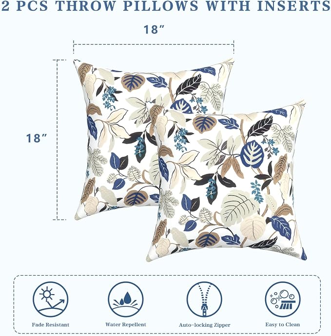 LVTXIII Outdoor/Indoor Throw Pillows, Decorative Throw Pillows with Inserts, 18"x18" Square Pillows for Bed, Couch, Sofa and Patio Furniture, Set of 2, Breeze Leaves Beige